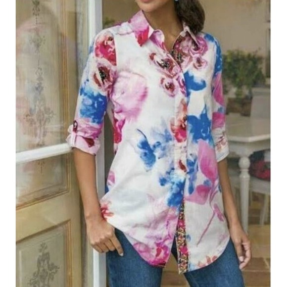 Soft Surroundings‎ Aquarelle Floral Button Down Shirt Tunic Cotton Sz S - Picture 1 of 9
